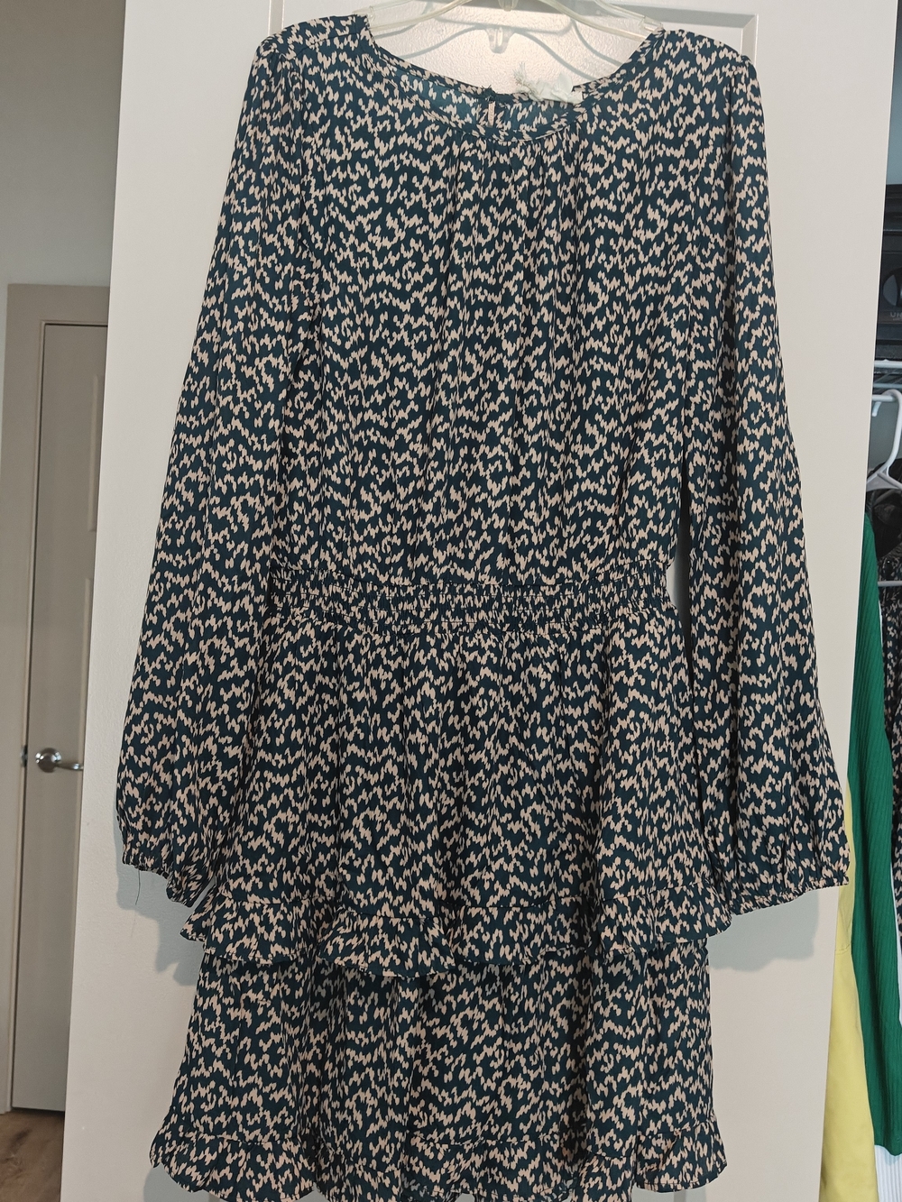 Hem & Thread Teal and Cream Long Sleeve Tiered Dress